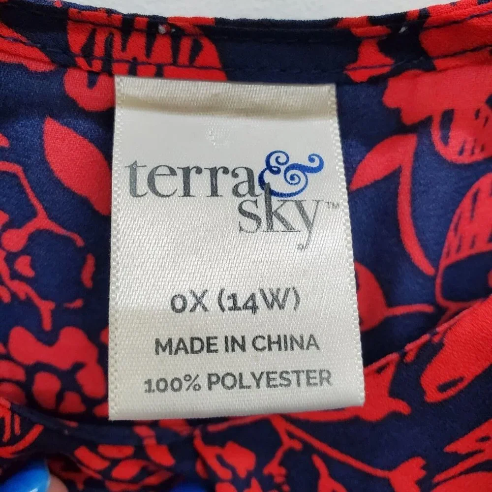 Terra & Sky Womens Sleeveless Floral High Low Blouse Top Size 0X Red Blue Ruffle